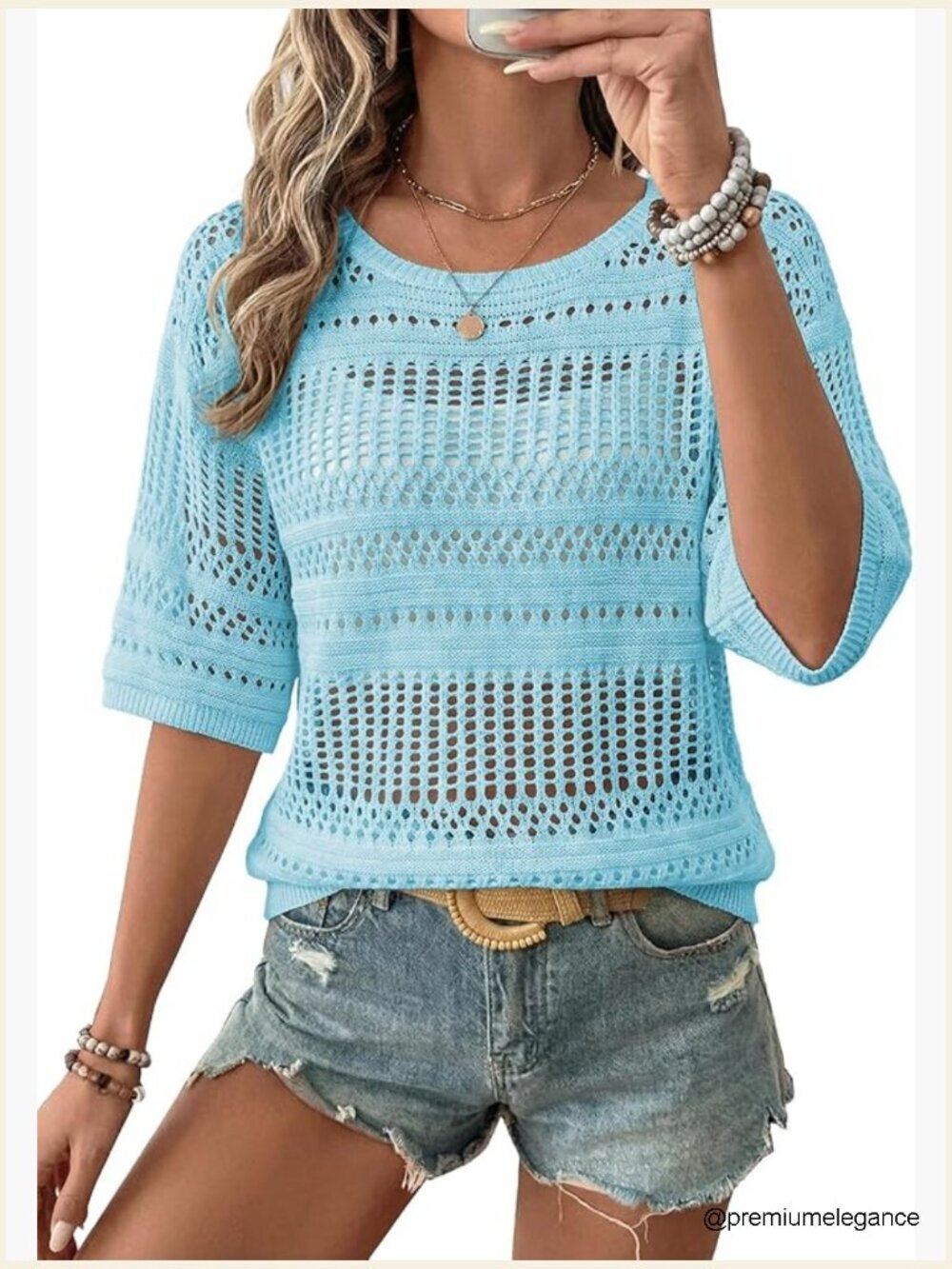 Crochet Sweater Pullover Lightweight Hollow Out Half Sleeve Beach Cover Up for